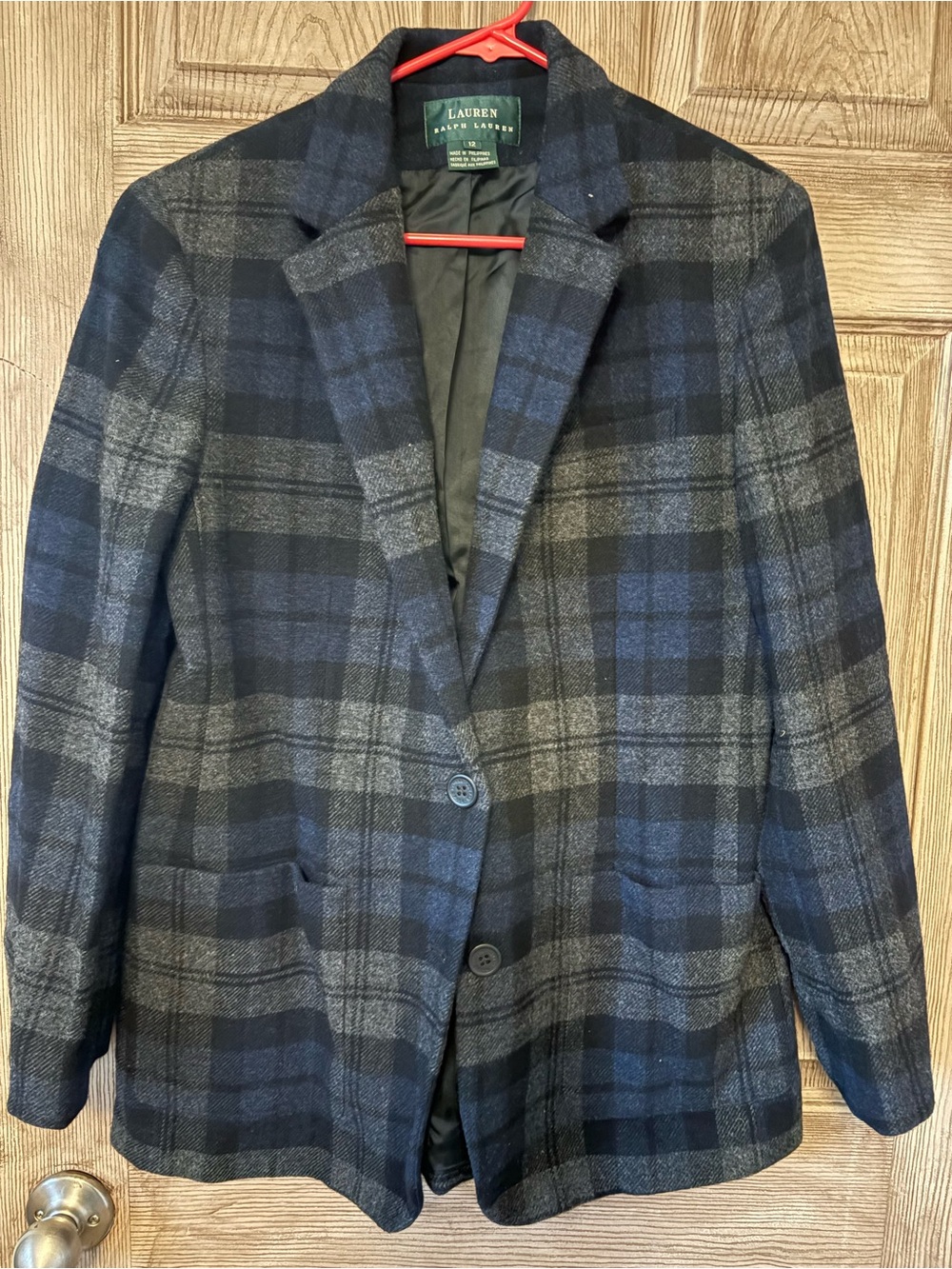 Lauren Ralph Lauren Vintage Blue Gray Plaid Lambswool Button Blazer Size 12